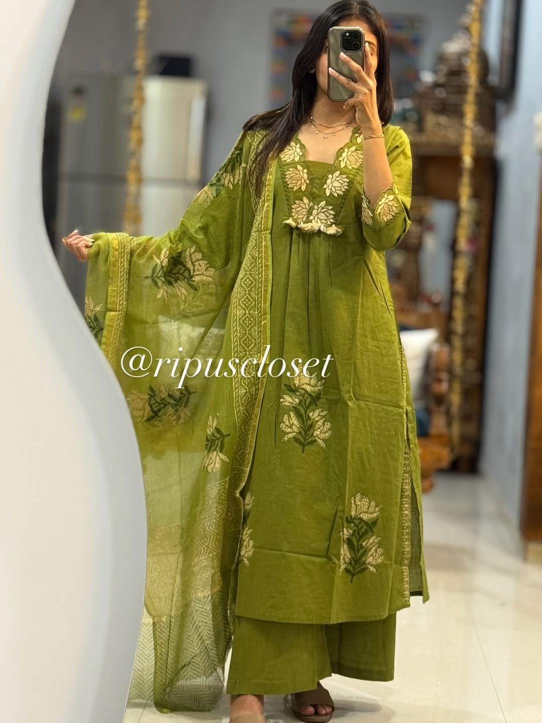 Green Designer Cotton Suit Set with Dupatta